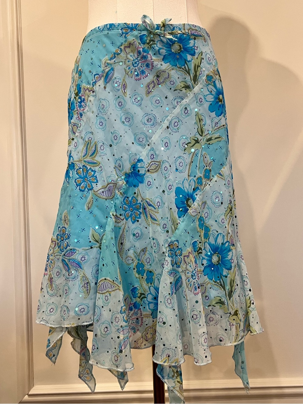Y2K George Blue Floral Sequin Handkerchief Hem Chiffon Boho Fairy Skirt M